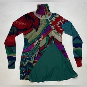 Desigual Abstrack Rhinestones Studded Turtle Neck Top Women Small Long Sleeve
